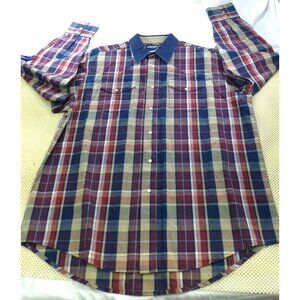 NWT Wrangler Gold Buckle Mens Western Plaid Button-Down Shirt Size 36 100% Cotto